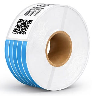 EuroMed blue-and-white hospital wristband roll with barcode and QR code